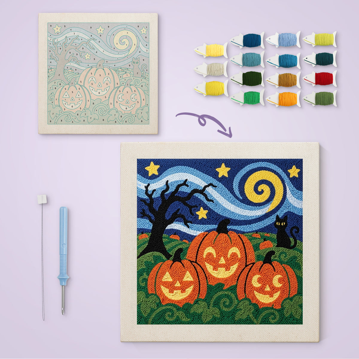 Starry Pumpkin Trio canvas before and after punching, with the threads and tools