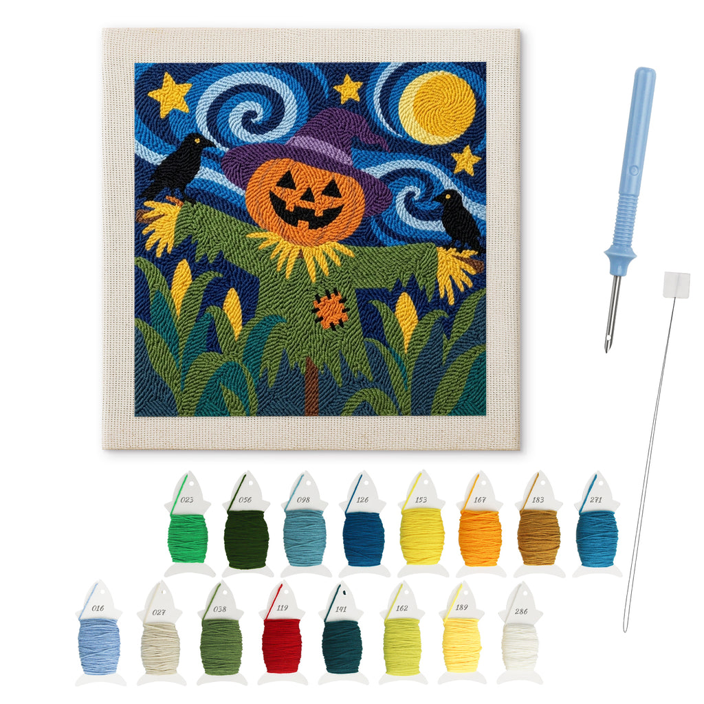 Starry Scarecrow punch needle kit: finished canvas with threads, punch needle and threader