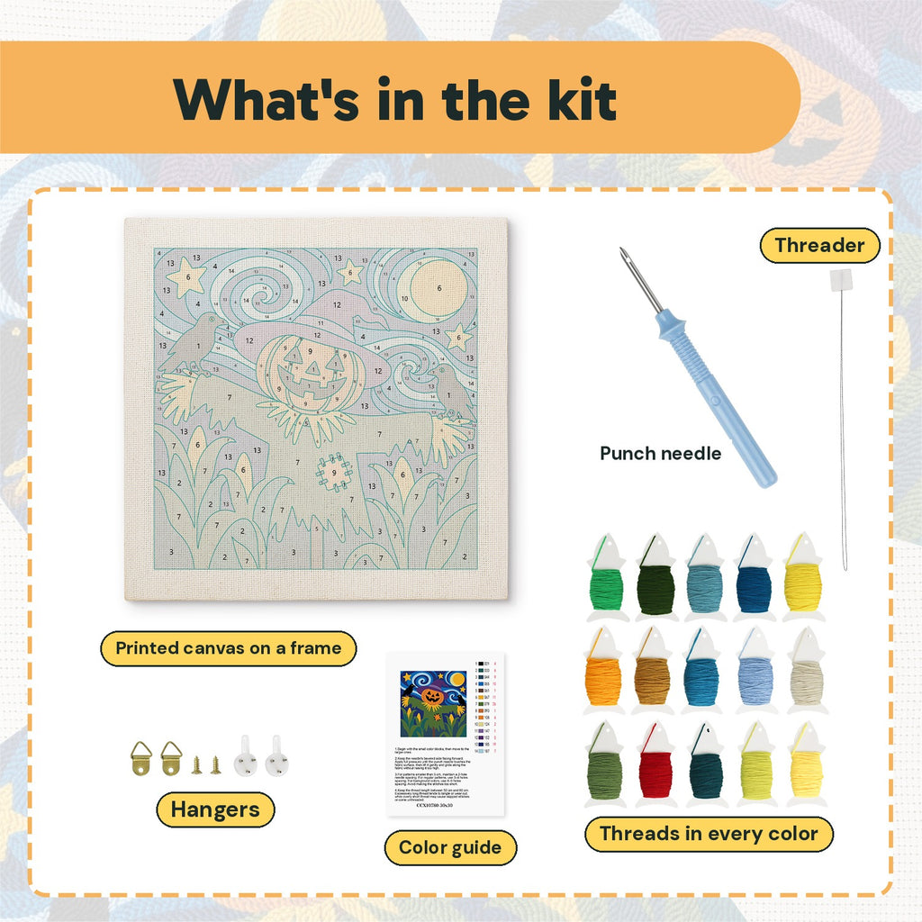 What is in the Starry Scarecrow kit: printed canvas, punch needle, threader, threads, color guide and hangers