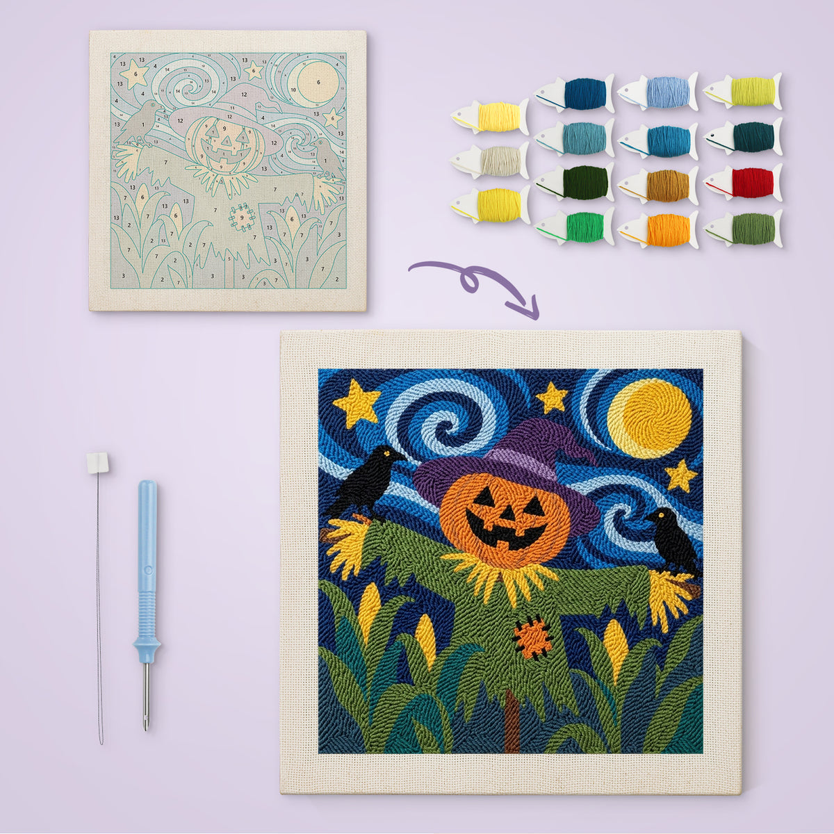 Starry Scarecrow canvas before and after punching, with the threads and tools