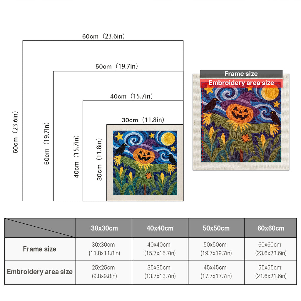 Size chart for square punch needle kits from 30 x 30 cm to 60 x 60 cm