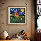 Finished Starry Scarecrow punch needle canvas on a wall