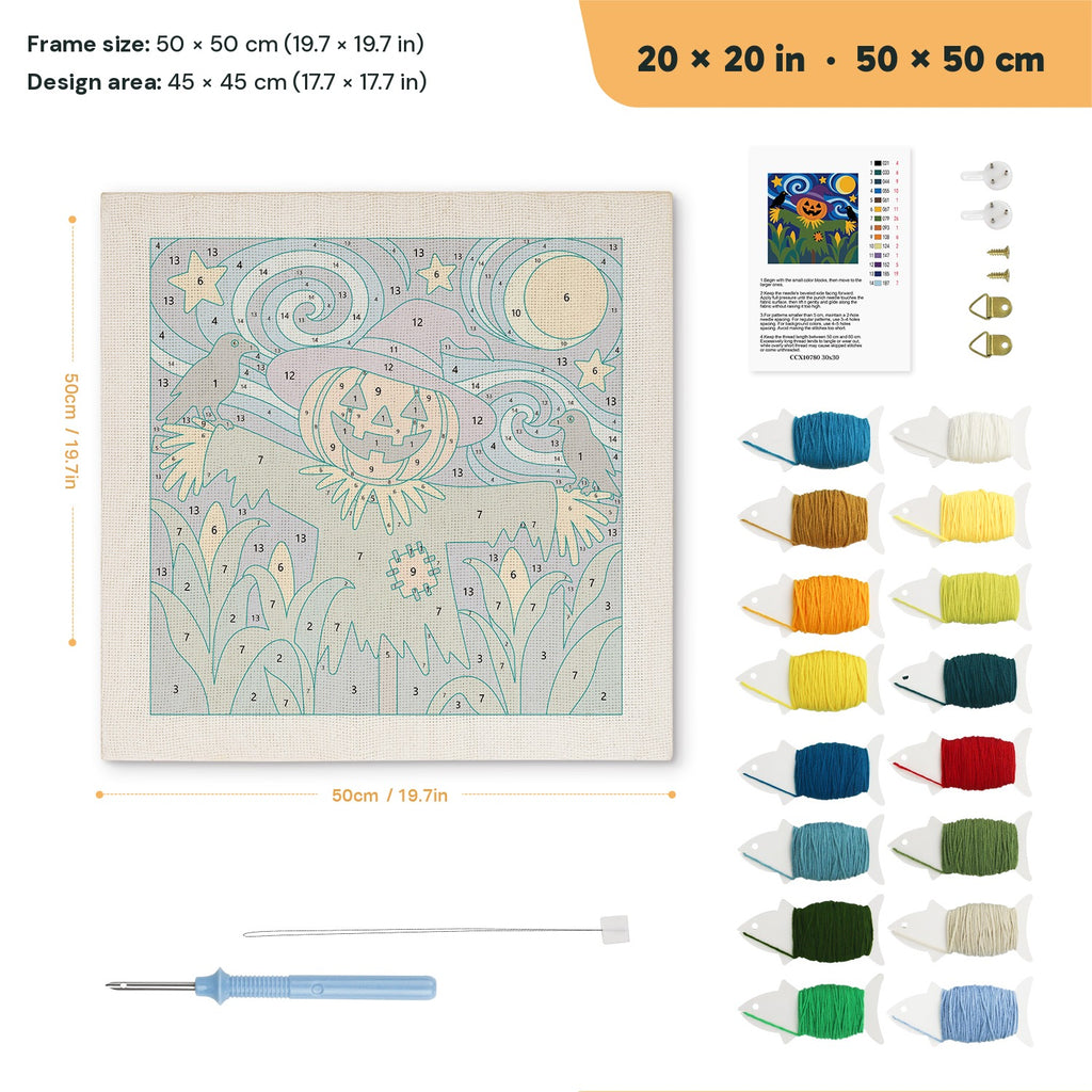 Starry Scarecrow punch needle kit, 20 × 20 in (50 × 50 cm): canvas size and kit contents