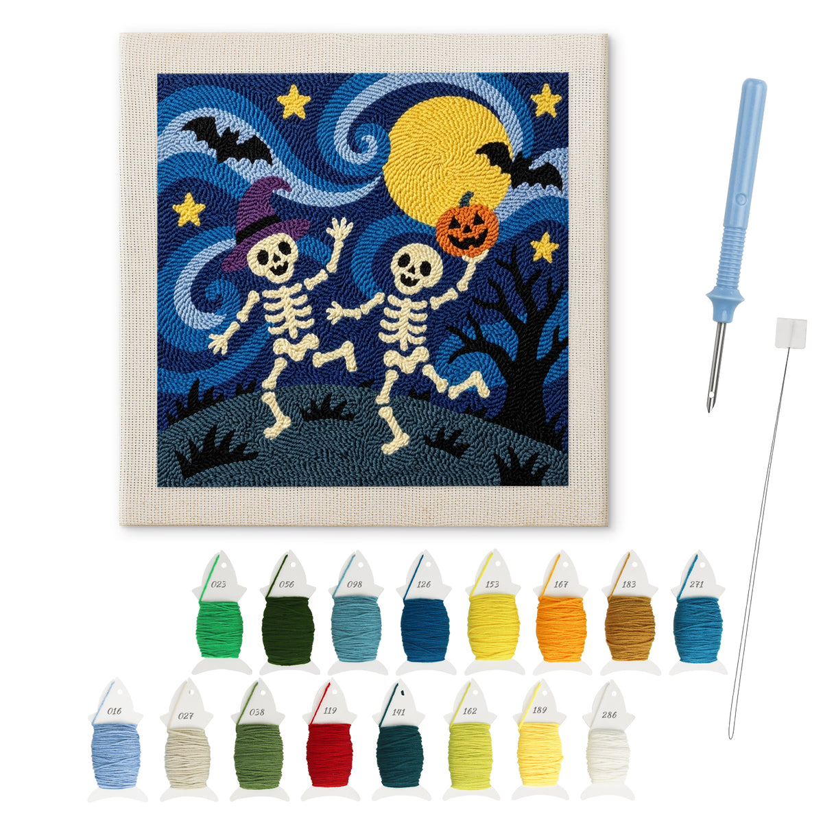 Starry Skeleton Dance punch needle kit: finished canvas with threads, punch needle and threader