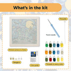 What is in the Starry Skeleton Dance kit: printed canvas, punch needle, threader, threads, color guide and hangers