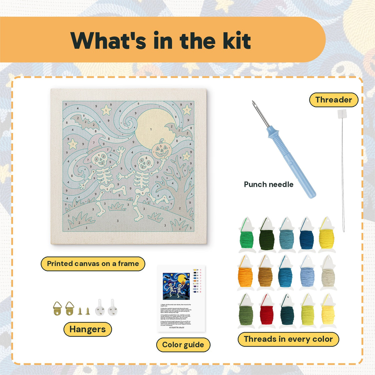 What is in the Starry Skeleton Dance kit: printed canvas, punch needle, threader, threads, color guide and hangers