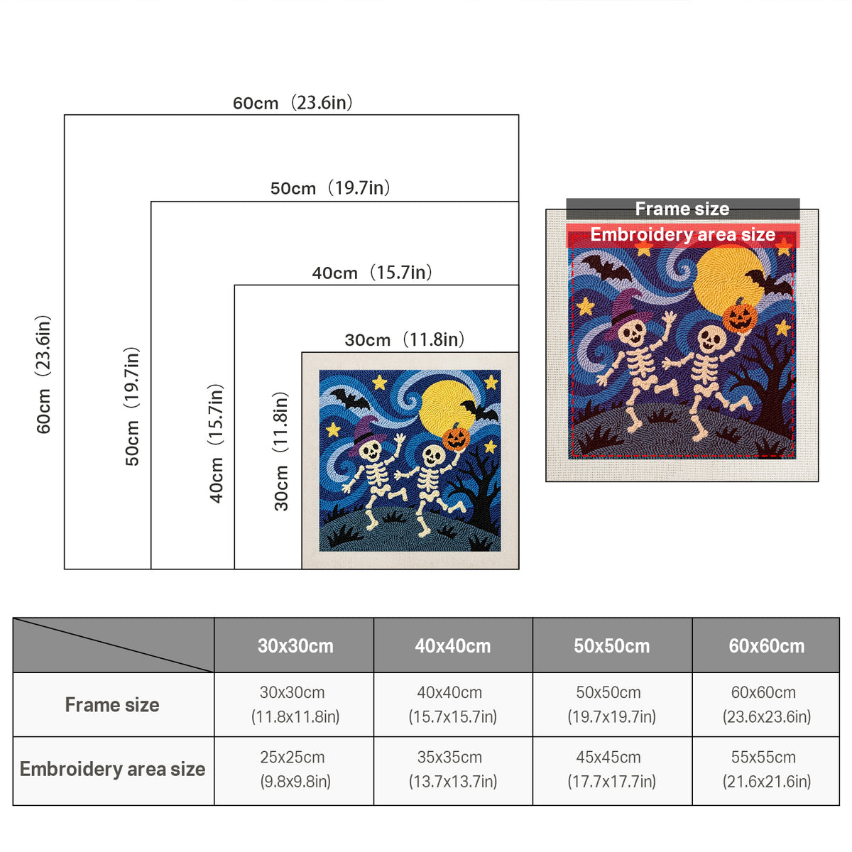 Size chart for square punch needle kits from 30 x 30 cm to 60 x 60 cm