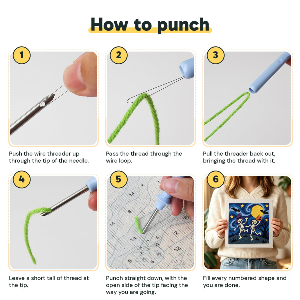 Six steps showing how to thread and use the punch needle
