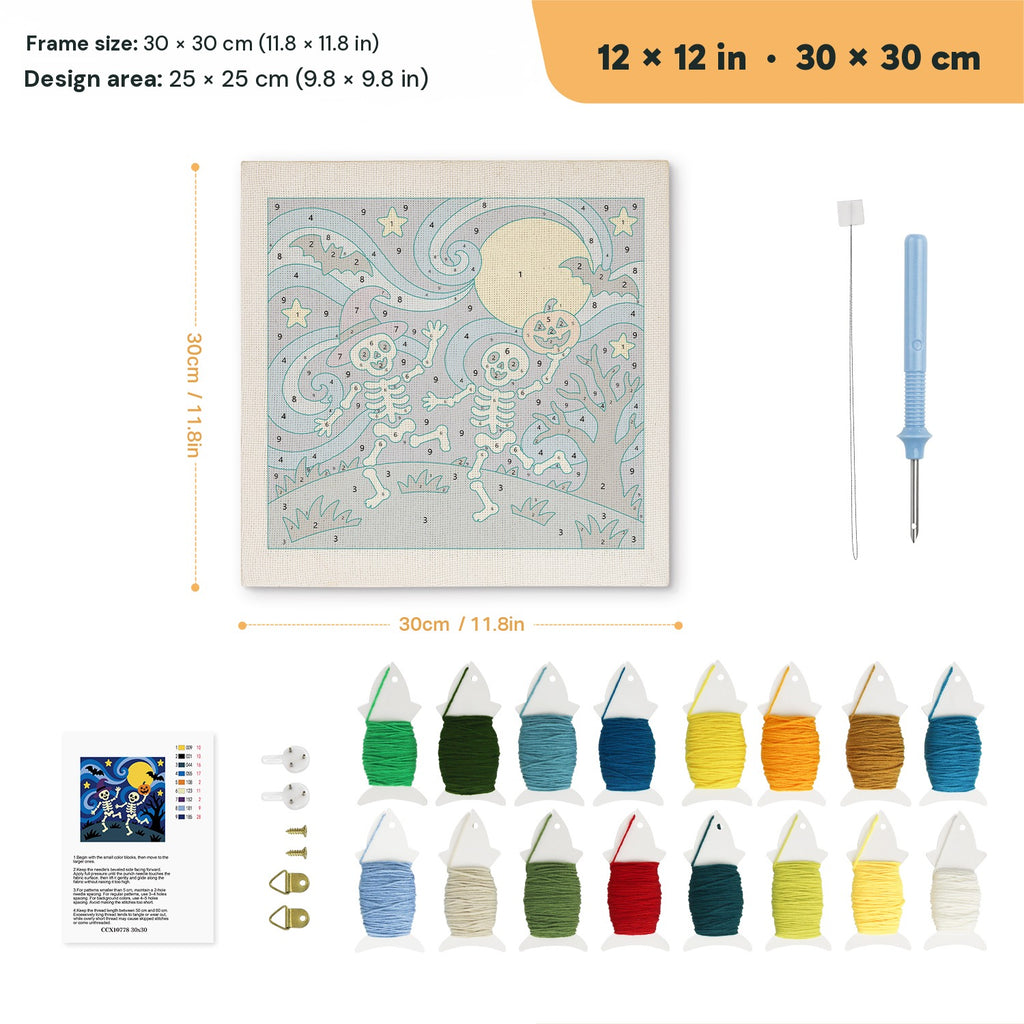 Starry Skeleton Dance punch needle kit, 12 × 12 in (30 × 30 cm): canvas size and kit contents