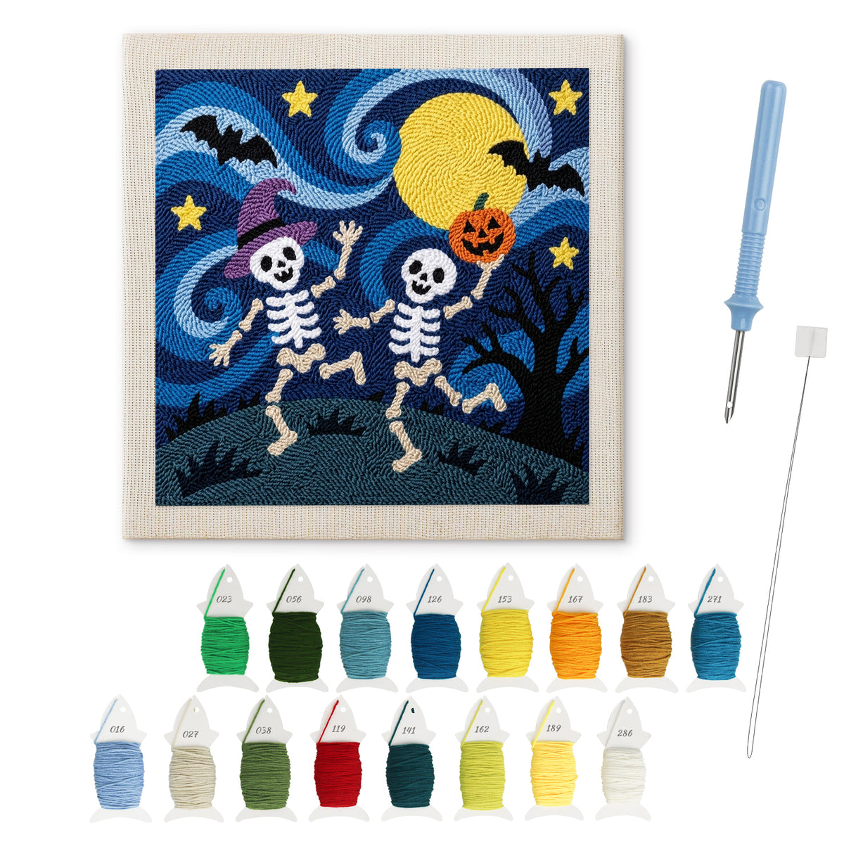 Starry Skeleton Duo punch needle kit: finished canvas with threads, punch needle and threader