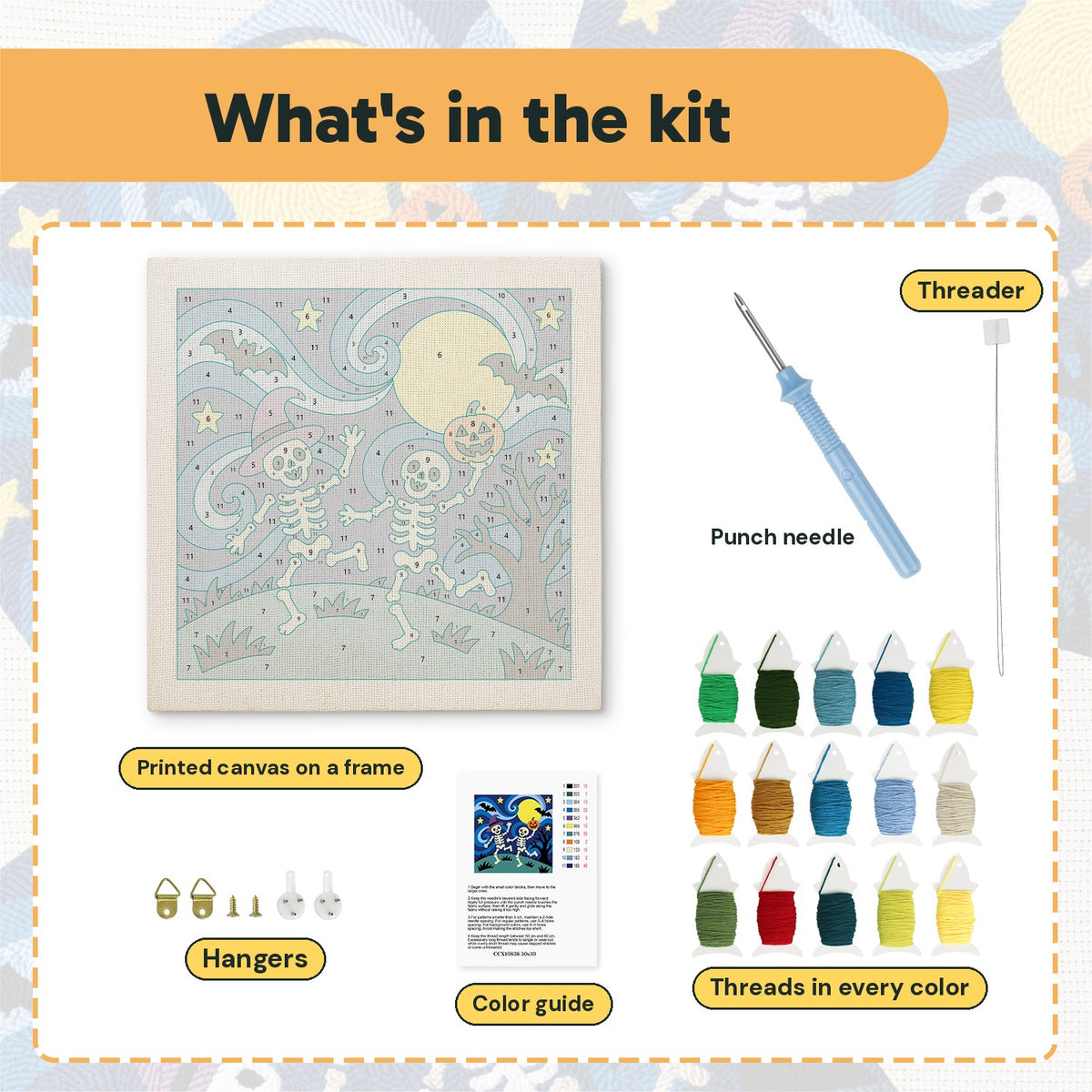 What is in the Starry Skeleton Duo kit: printed canvas, punch needle, threader, threads, color guide and hangers