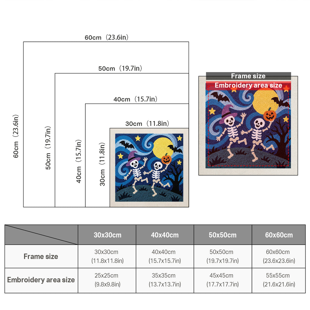 Size chart for square punch needle kits from 30 x 30 cm to 60 x 60 cm
