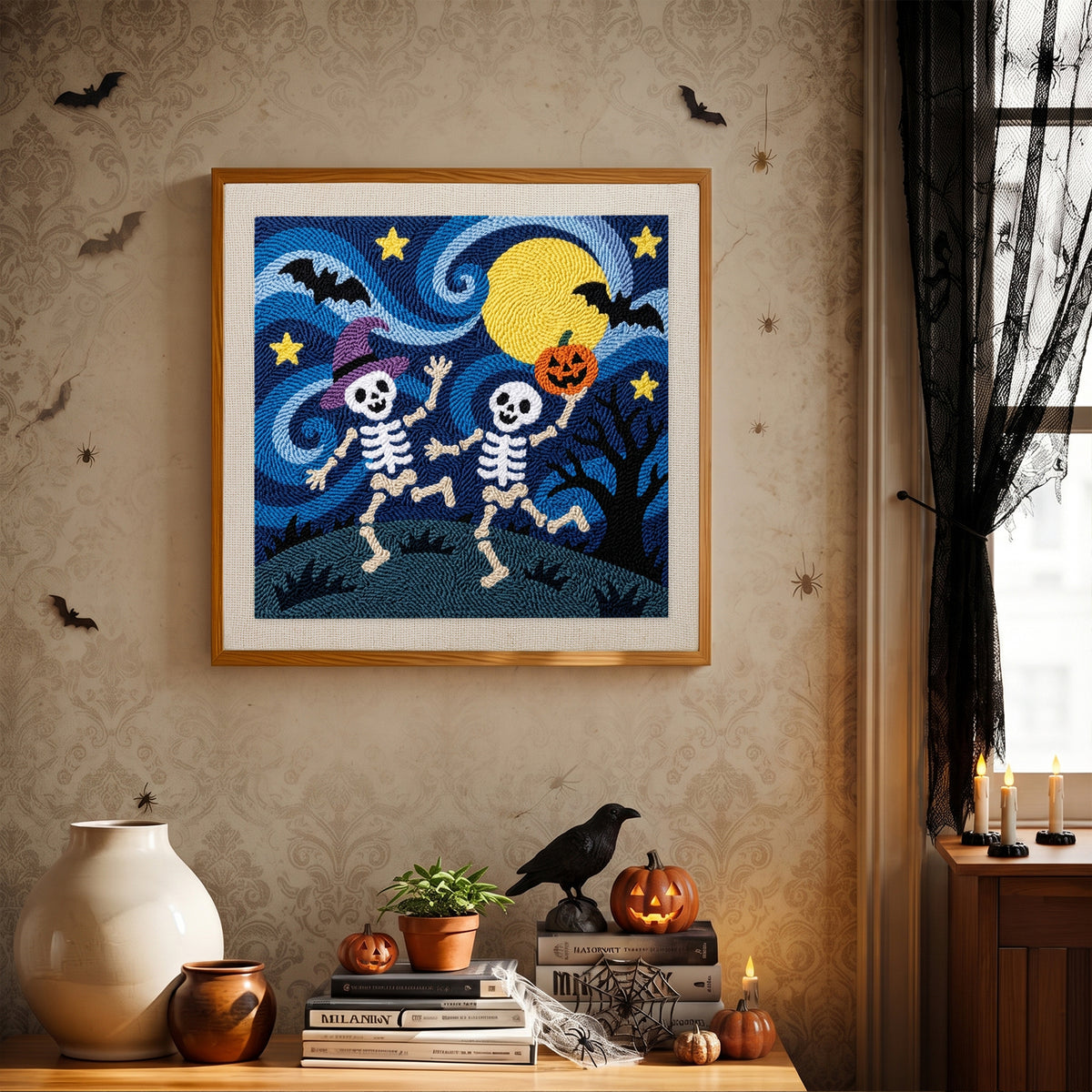 Finished Starry Skeleton Duo punch needle canvas on a wall