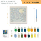 Starry Skeleton Duo punch needle kit, 12 × 12 in (30 × 30 cm): canvas size and kit contents