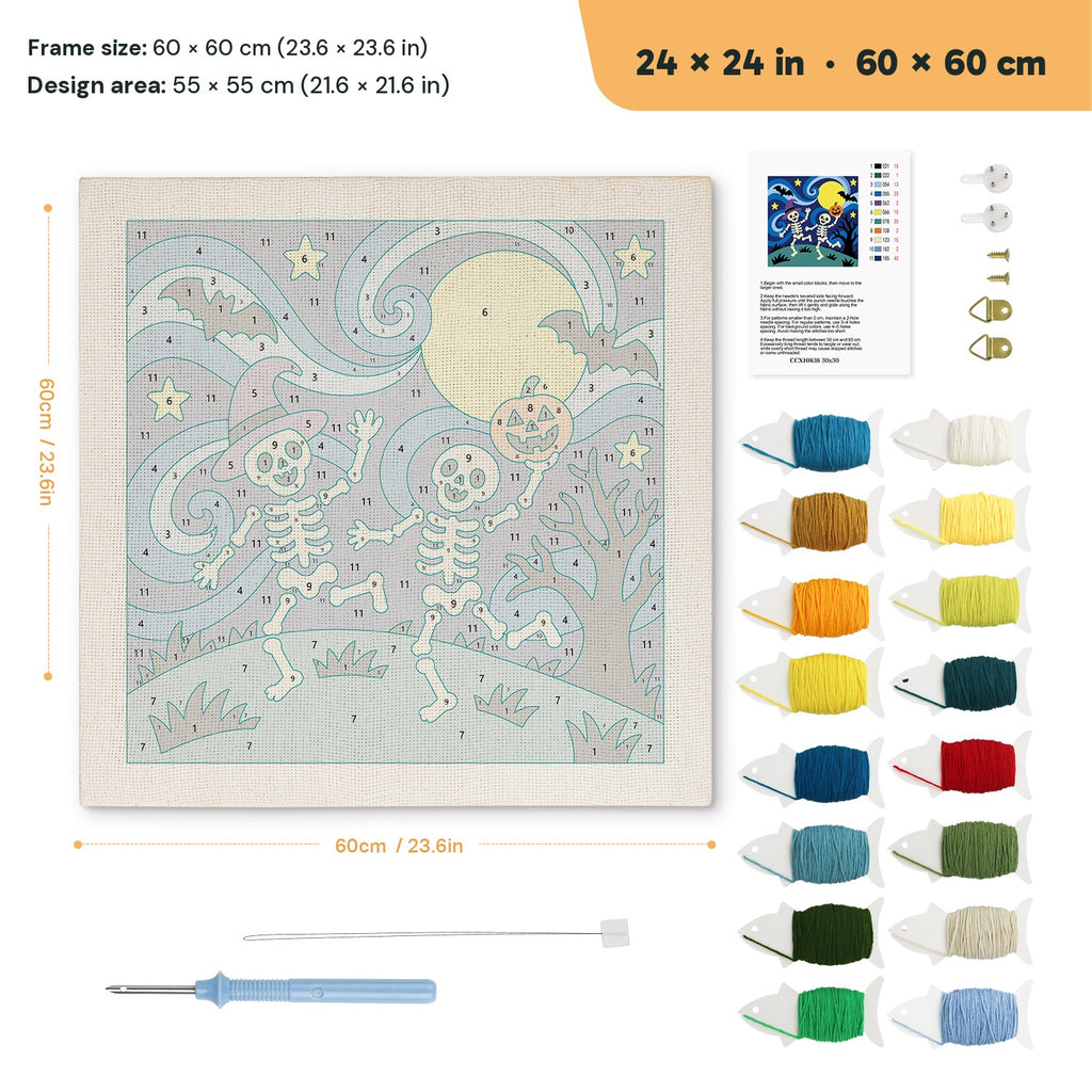 Starry Skeleton Duo punch needle kit, 24 × 24 in (60 × 60 cm): canvas size and kit contents
