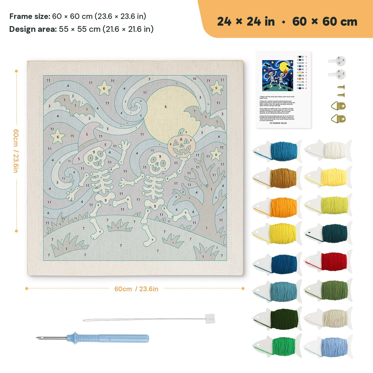Starry Skeleton Duo punch needle kit, 24 × 24 in (60 × 60 cm): canvas size and kit contents