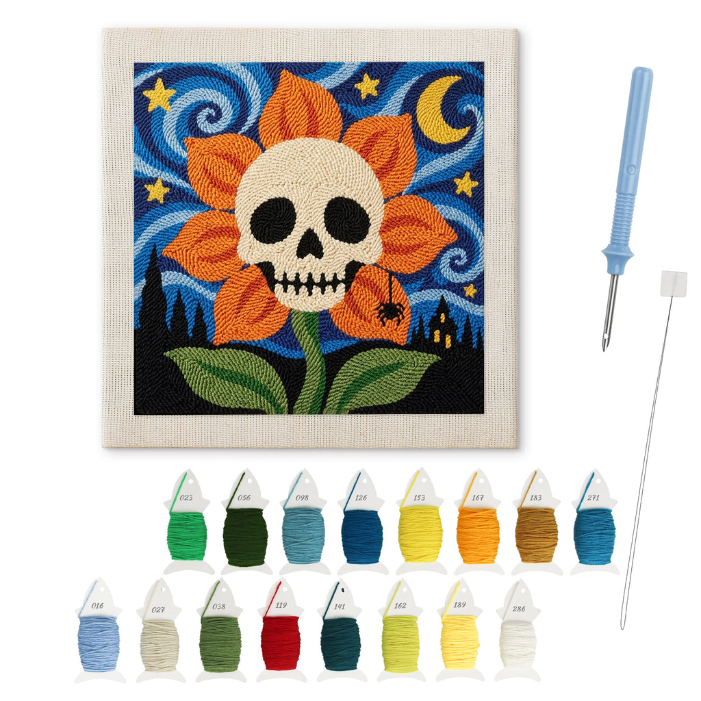 Starry Skull Flower punch needle kit: finished canvas with threads, punch needle and threader