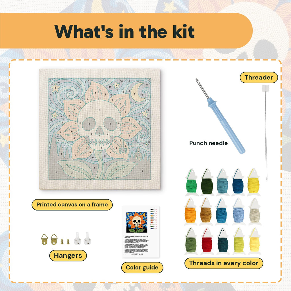 What is in the Starry Skull Flower kit: printed canvas, punch needle, threader, threads, color guide and hangers