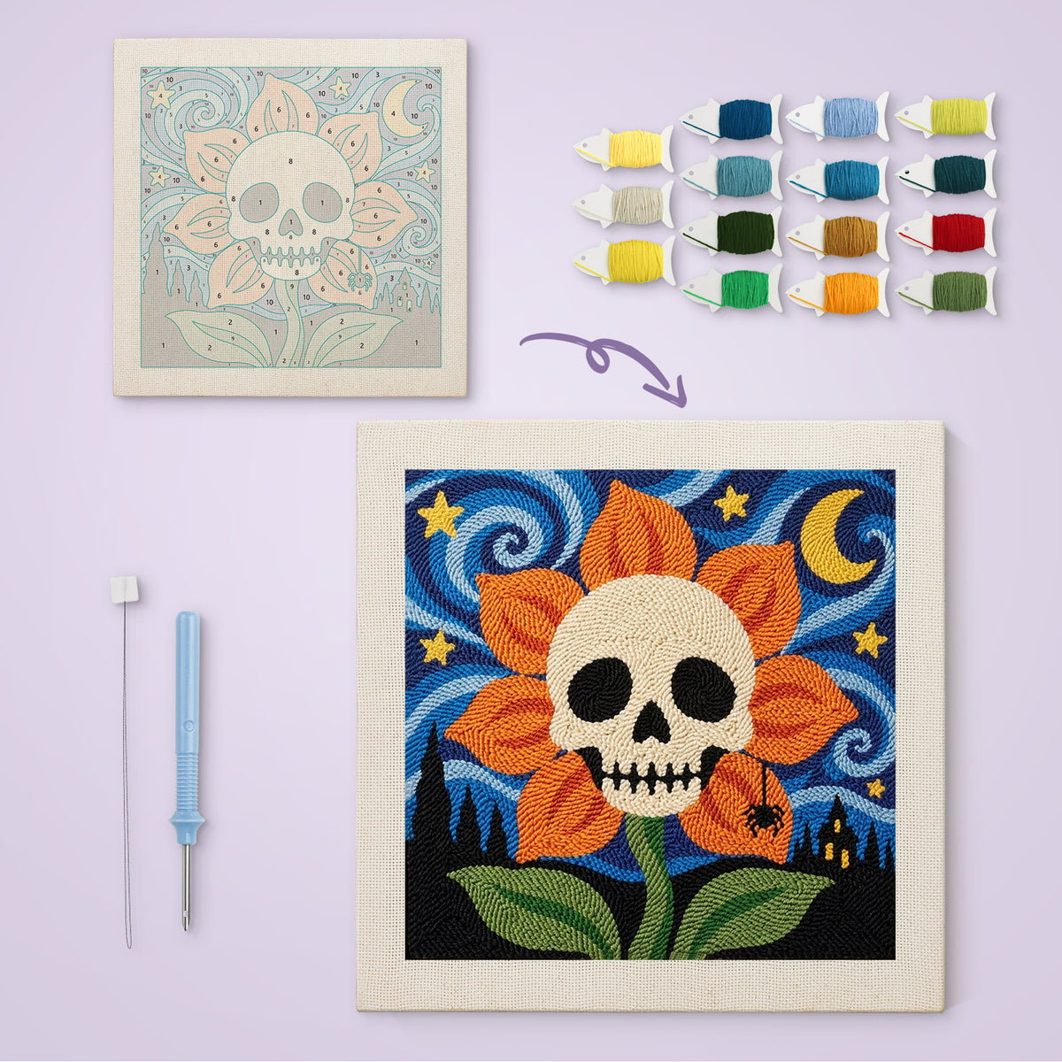 Starry Skull Flower canvas before and after punching, with the threads and tools