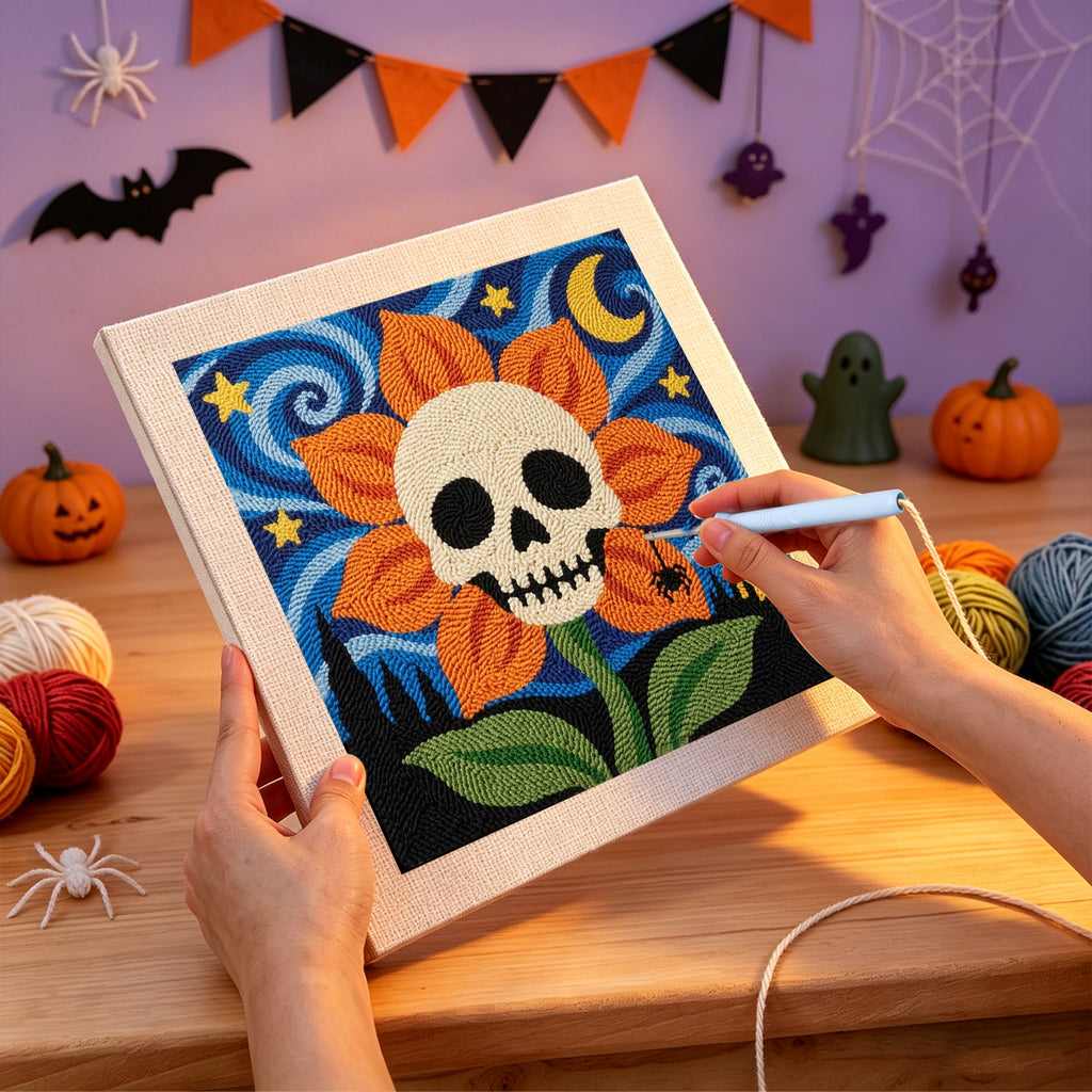 Punching the Starry Skull Flower design with the punch needle