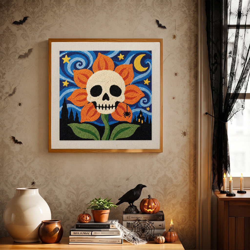 Finished Starry Skull Flower punch needle canvas on a wall