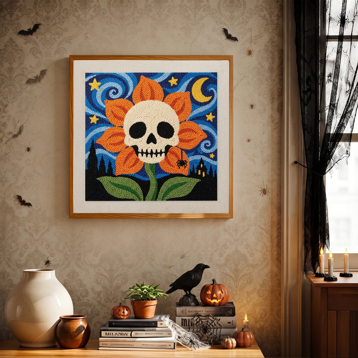 Finished Starry Skull Flower punch needle canvas on a wall