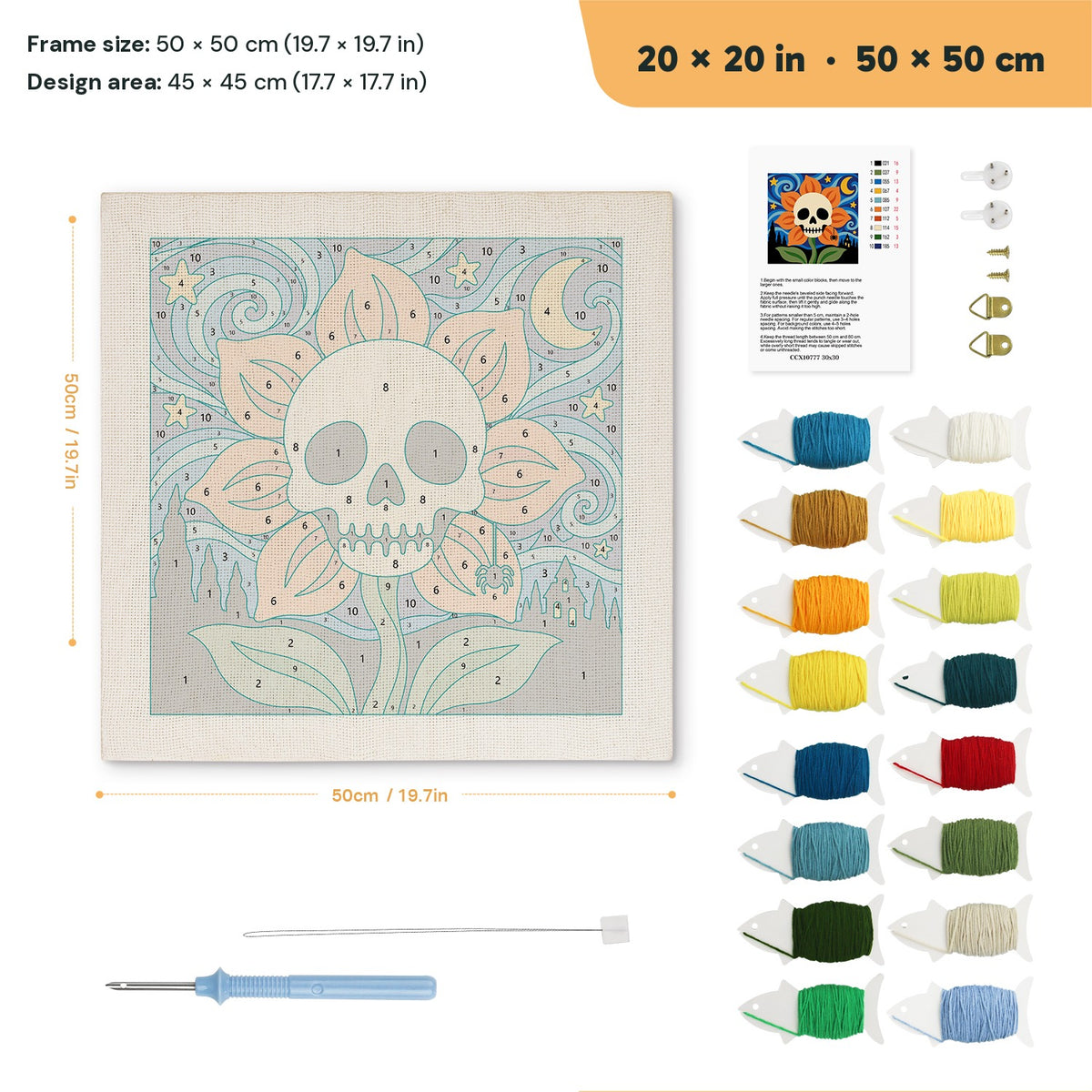 Starry Skull Flower punch needle kit, 20 × 20 in (50 × 50 cm): canvas size and kit contents