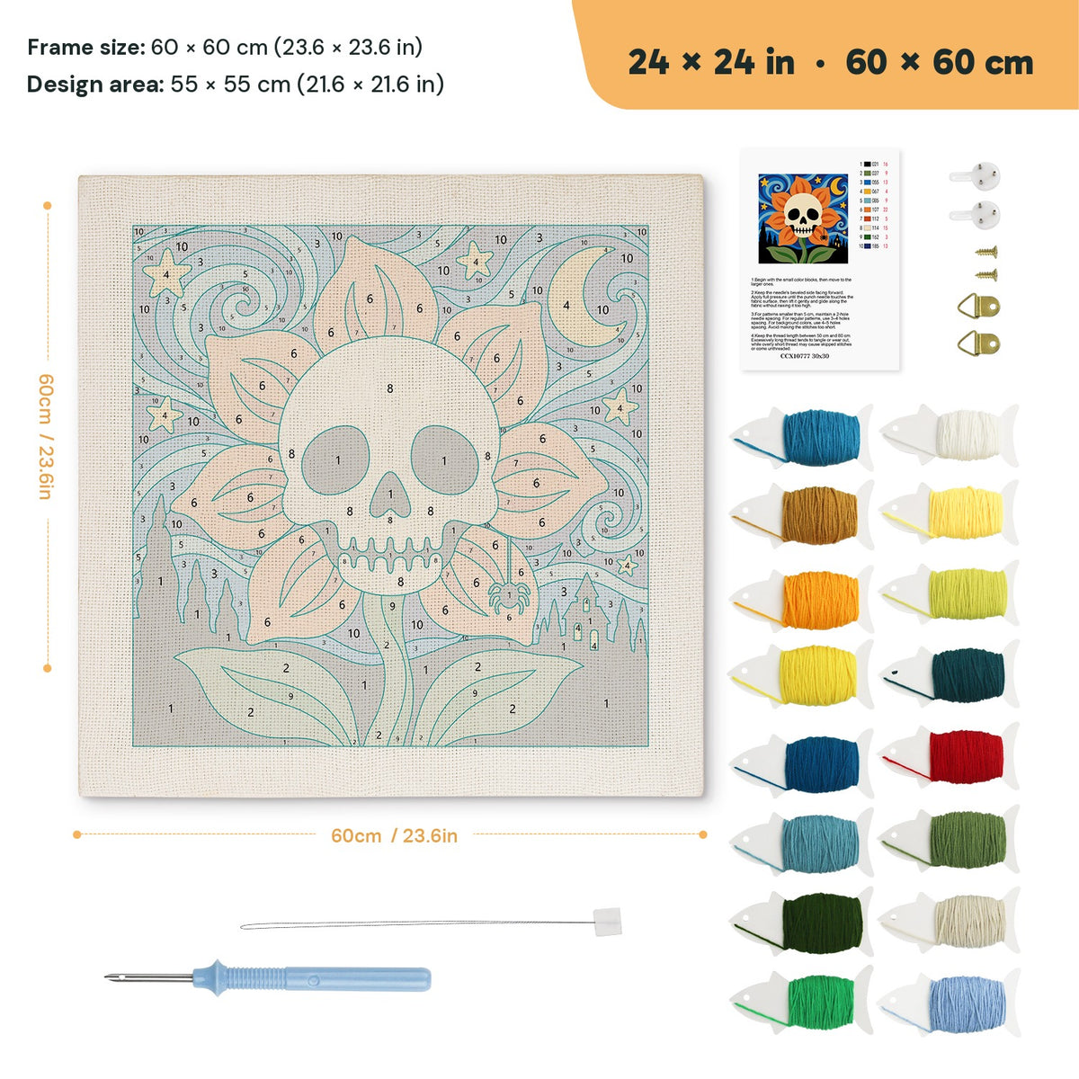 Starry Skull Flower punch needle kit, 24 × 24 in (60 × 60 cm): canvas size and kit contents