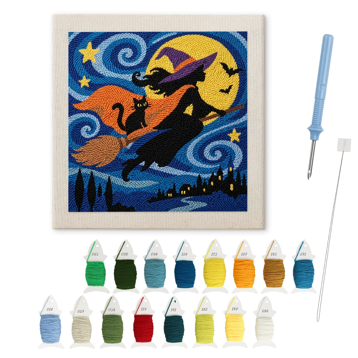 Starry Witch and Cat punch needle kit: finished canvas with threads, punch needle and threader