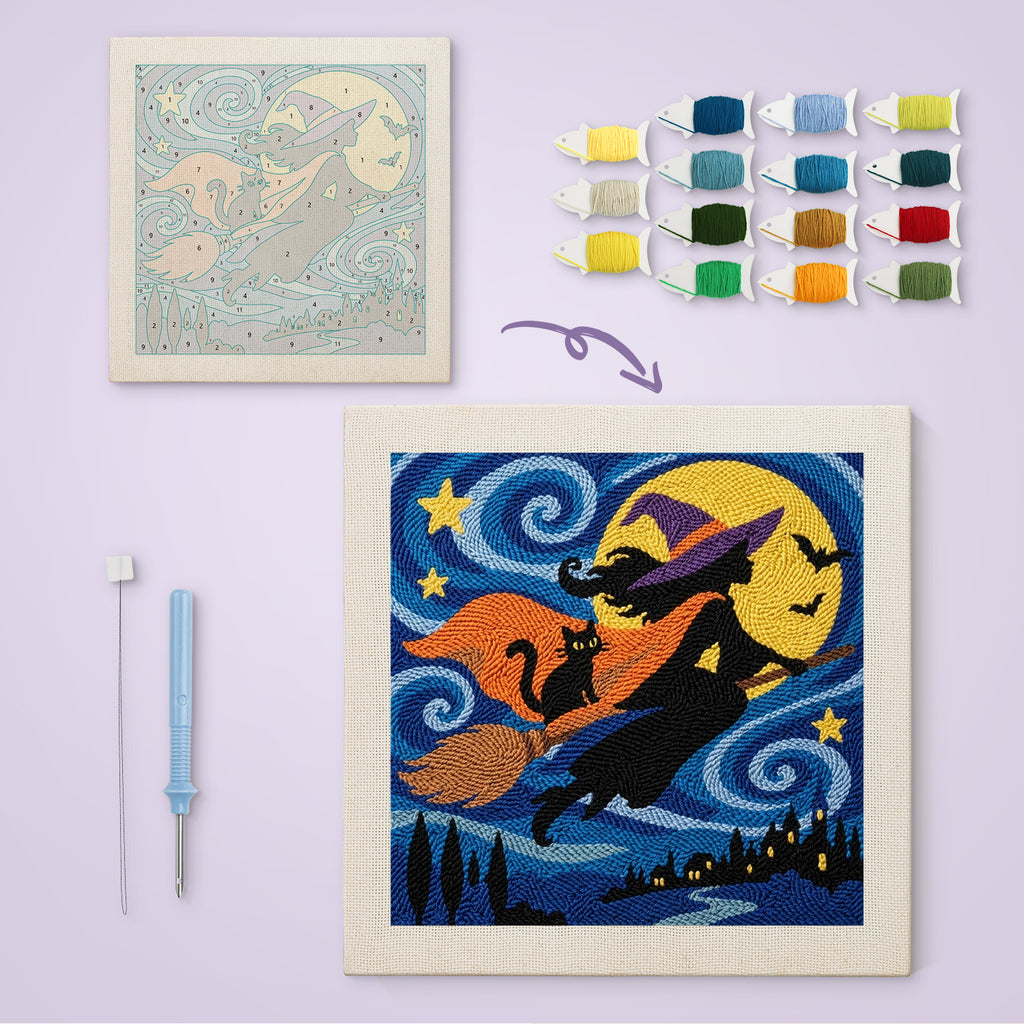Starry Witch and Cat canvas before and after punching, with the threads and tools