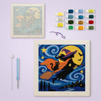 Starry Witch and Cat canvas before and after punching, with the threads and tools