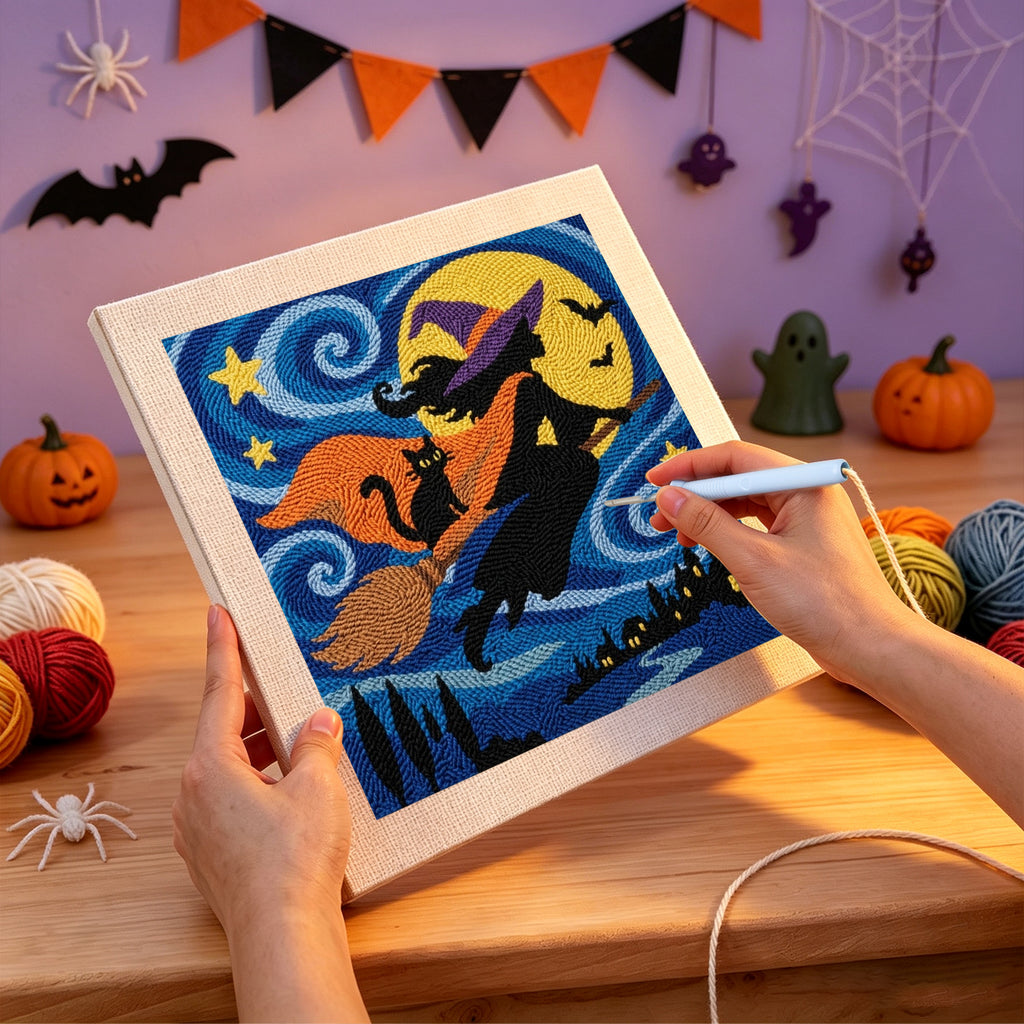 Punching the Starry Witch and Cat design with the punch needle