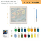 Starry Witch and Cat punch needle kit, 12 × 12 in (30 × 30 cm): canvas size and kit contents