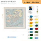Starry Witch and Cat punch needle kit, 20 × 20 in (50 × 50 cm): canvas size and kit contents