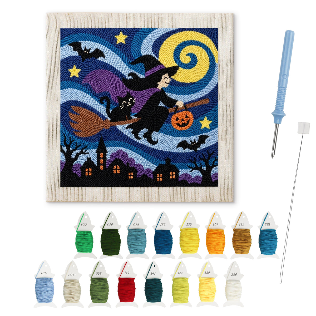 Starry Witch Flight punch needle kit: finished canvas with threads, punch needle and threader