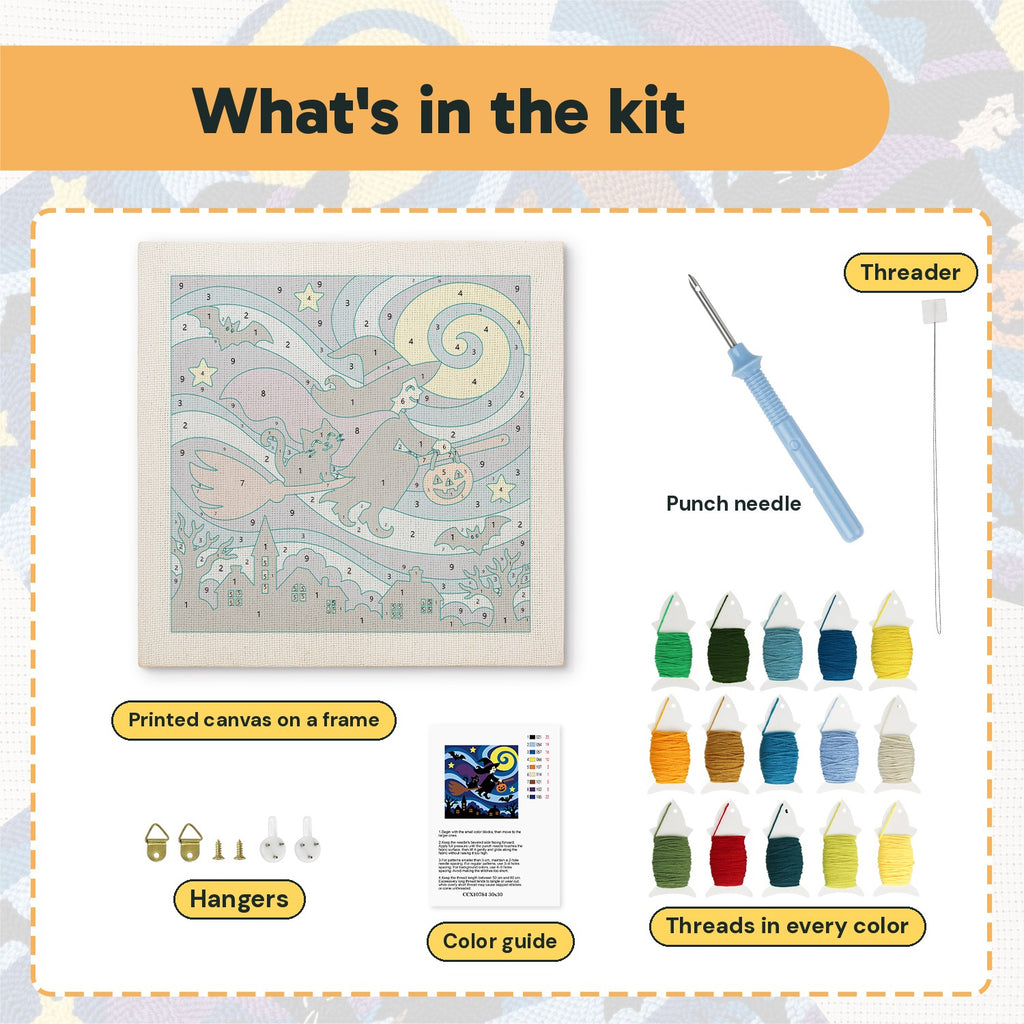 What is in the Starry Witch Flight kit: printed canvas, punch needle, threader, threads, color guide and hangers