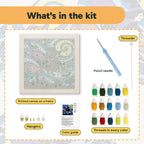 What is in the Starry Witch Flight kit: printed canvas, punch needle, threader, threads, color guide and hangers