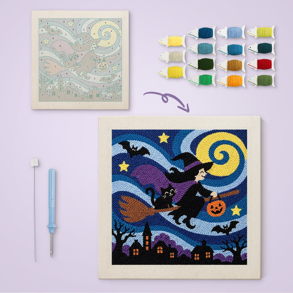 Starry Witch Flight canvas before and after punching, with the threads and tools