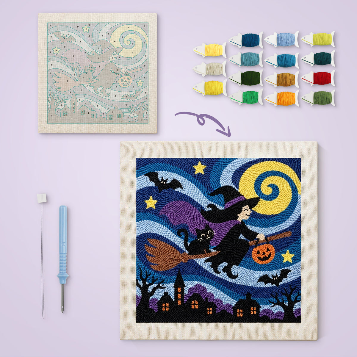Starry Witch Flight canvas before and after punching, with the threads and tools