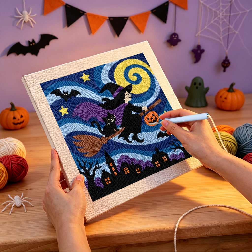 Punching the Starry Witch Flight design with the punch needle