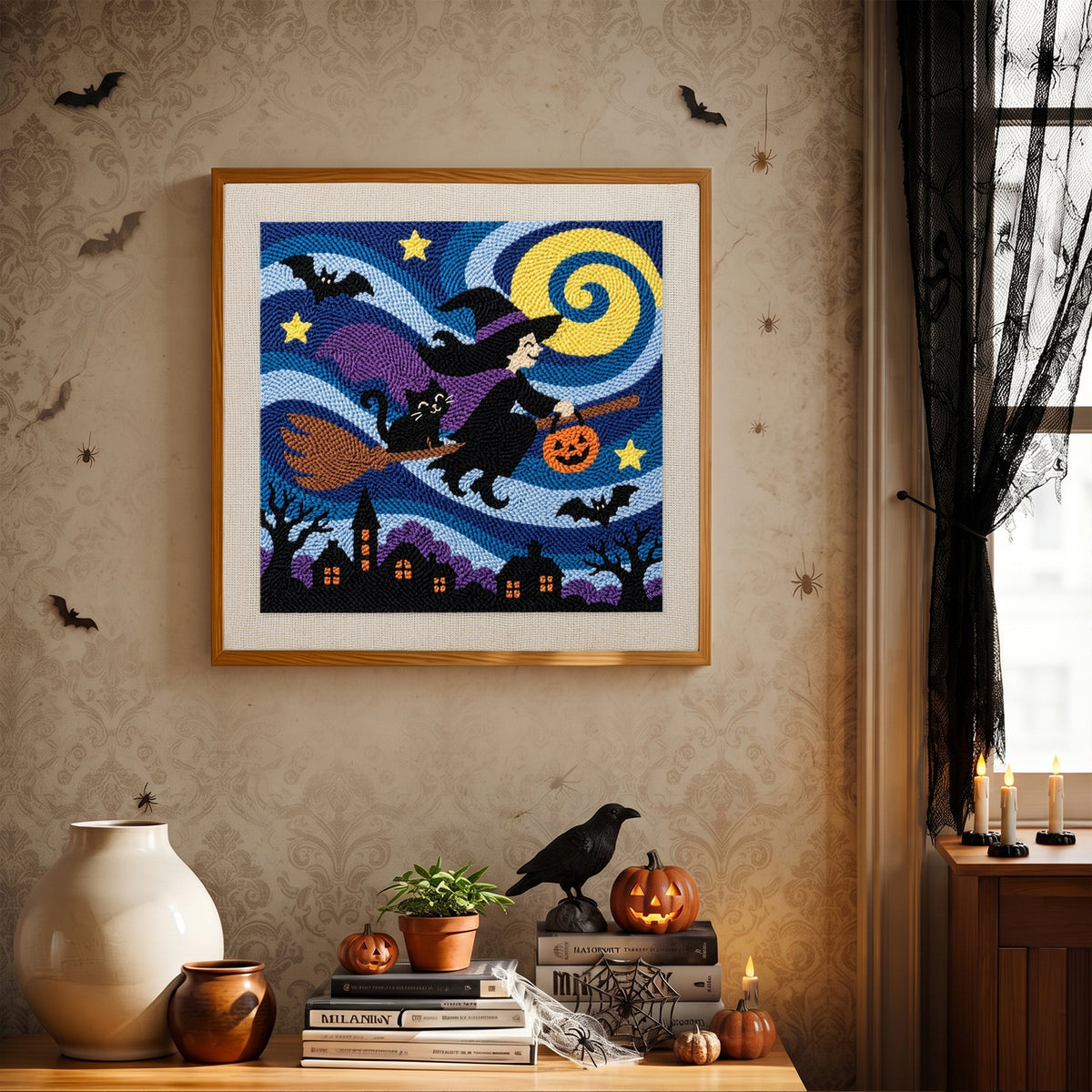 Finished Starry Witch Flight punch needle canvas on a wall