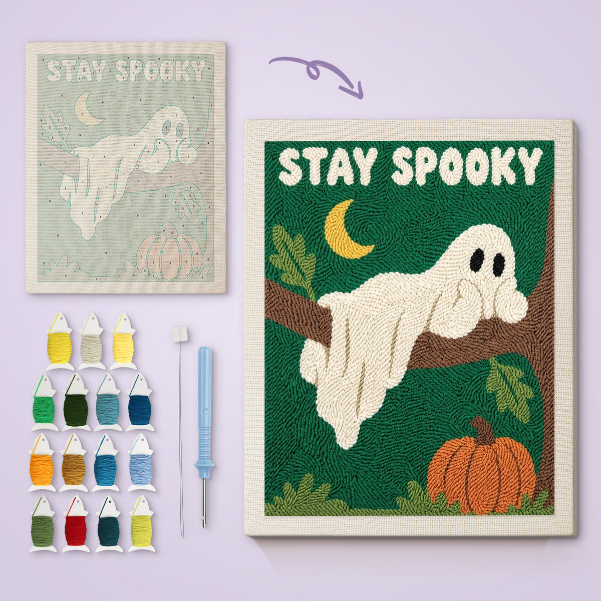 Stay Spooky Ghost canvas before and after punching, with the threads and tools