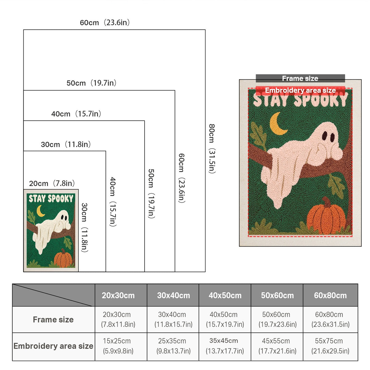 Size chart for punch needle kits from 20 x 30 cm to 60 x 80 cm