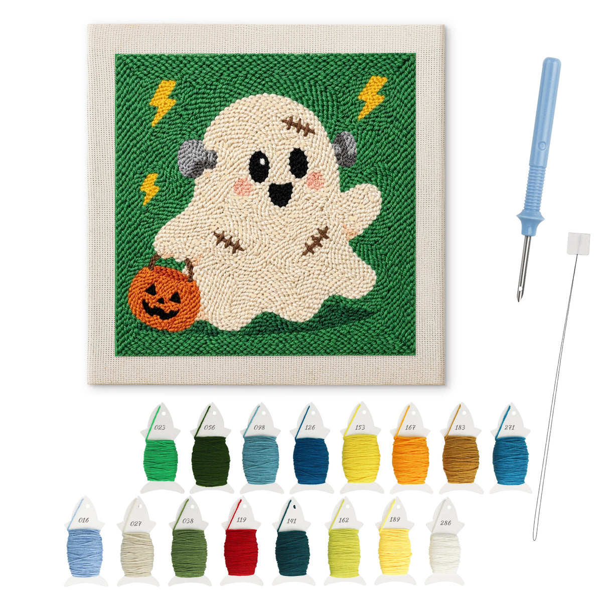 Stitched Ghost punch needle kit: finished canvas with threads, punch needle and threader