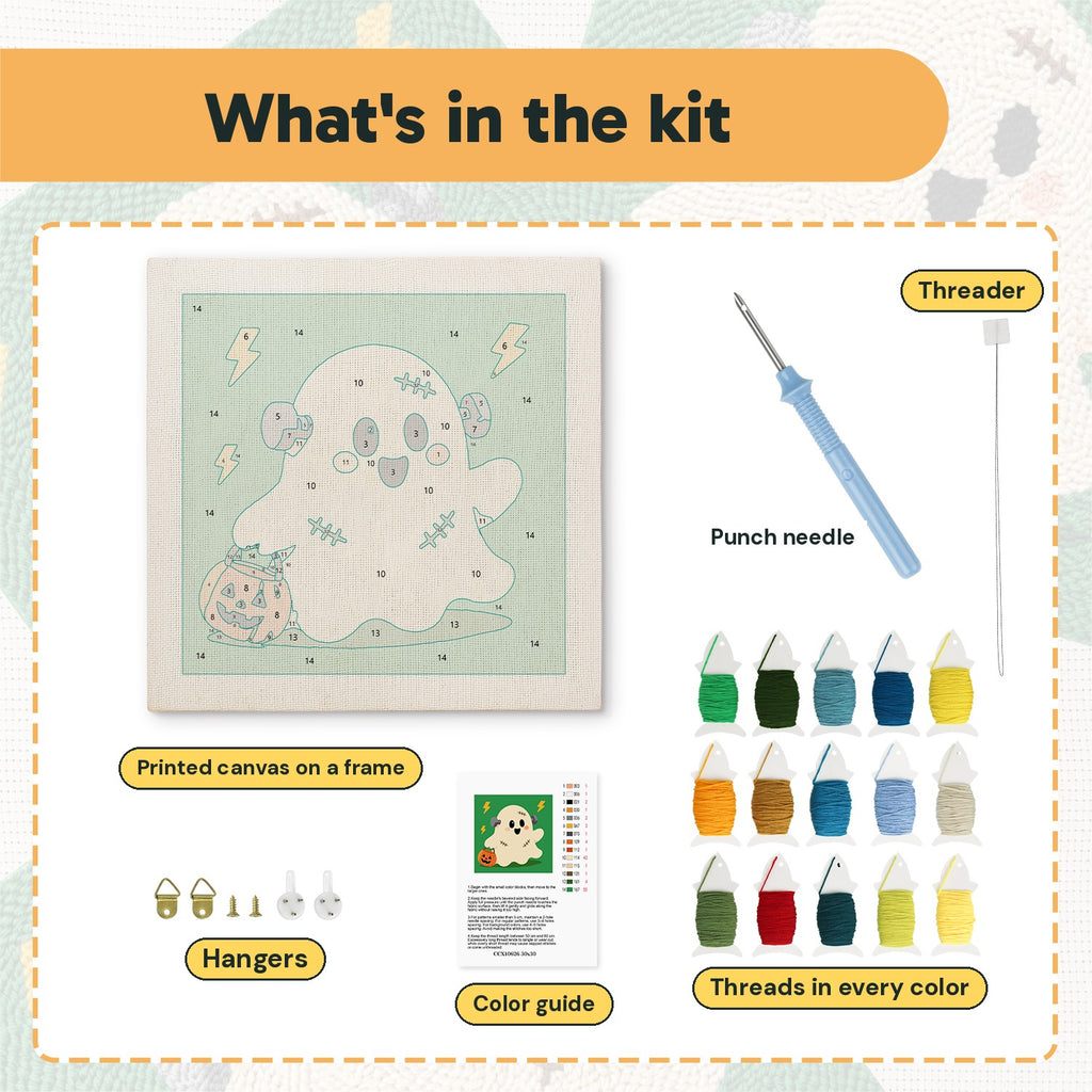 What is in the Stitched Ghost kit: printed canvas, punch needle, threader, threads, color guide and hangers