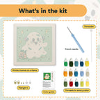 What is in the Stitched Ghost kit: printed canvas, punch needle, threader, threads, color guide and hangers