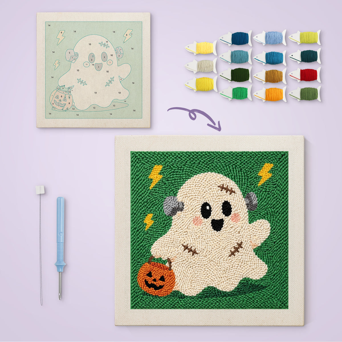 Stitched Ghost canvas before and after punching, with the threads and tools