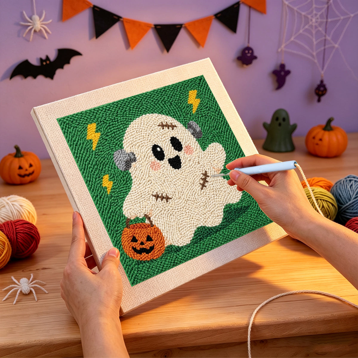 Punching the Stitched Ghost design with the punch needle