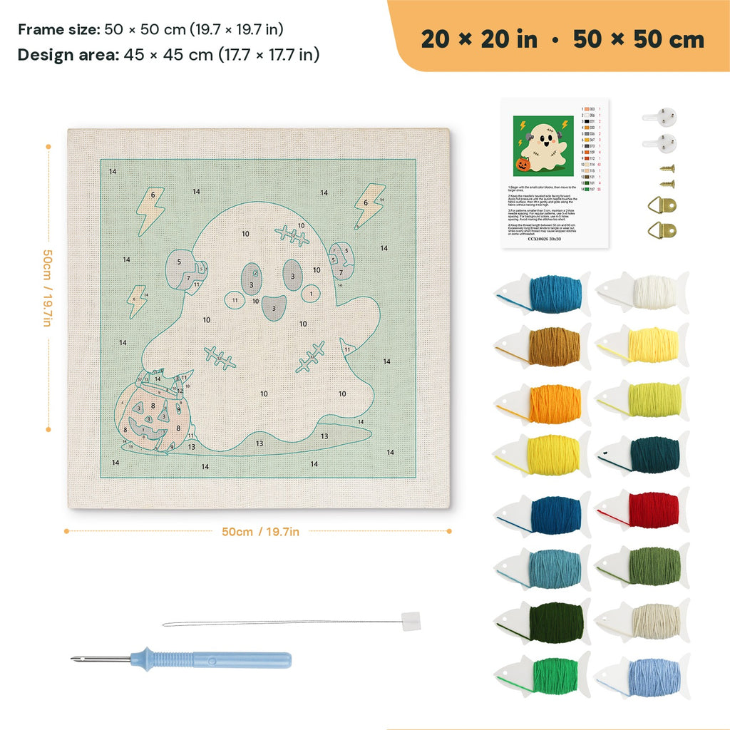 Stitched Ghost punch needle kit, 20 × 20 in (50 × 50 cm): canvas size and kit contents