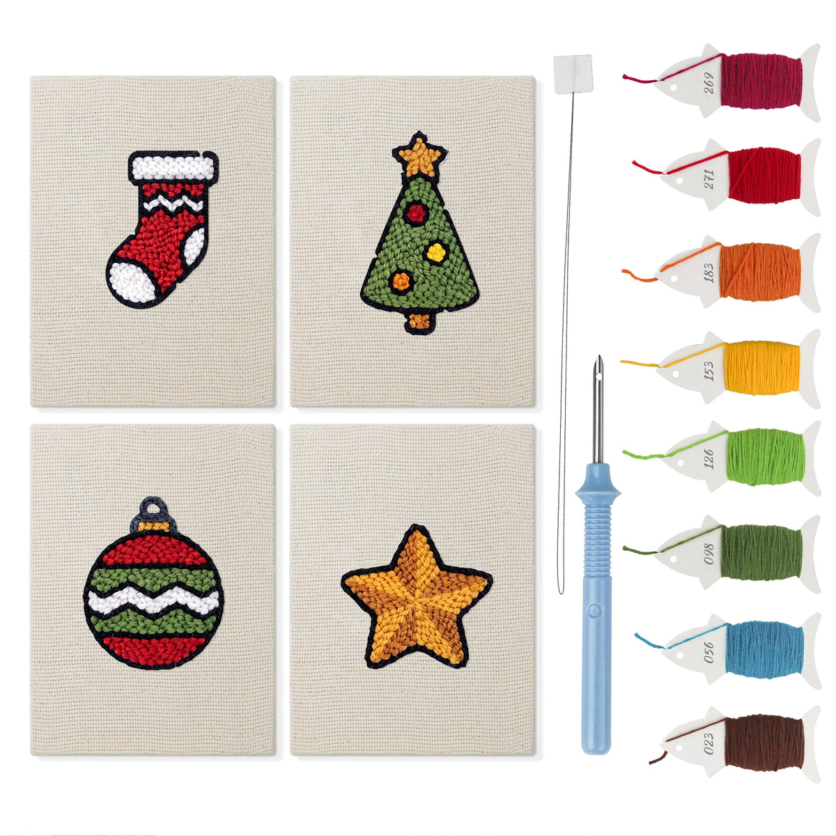 Stocking and Star mini punch needle kit set: four finished canvases with threads, punch needle and threader